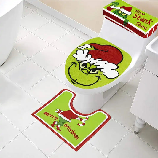 Grinchs Christmas Decoration Toilet Seat Cover and Rug Set