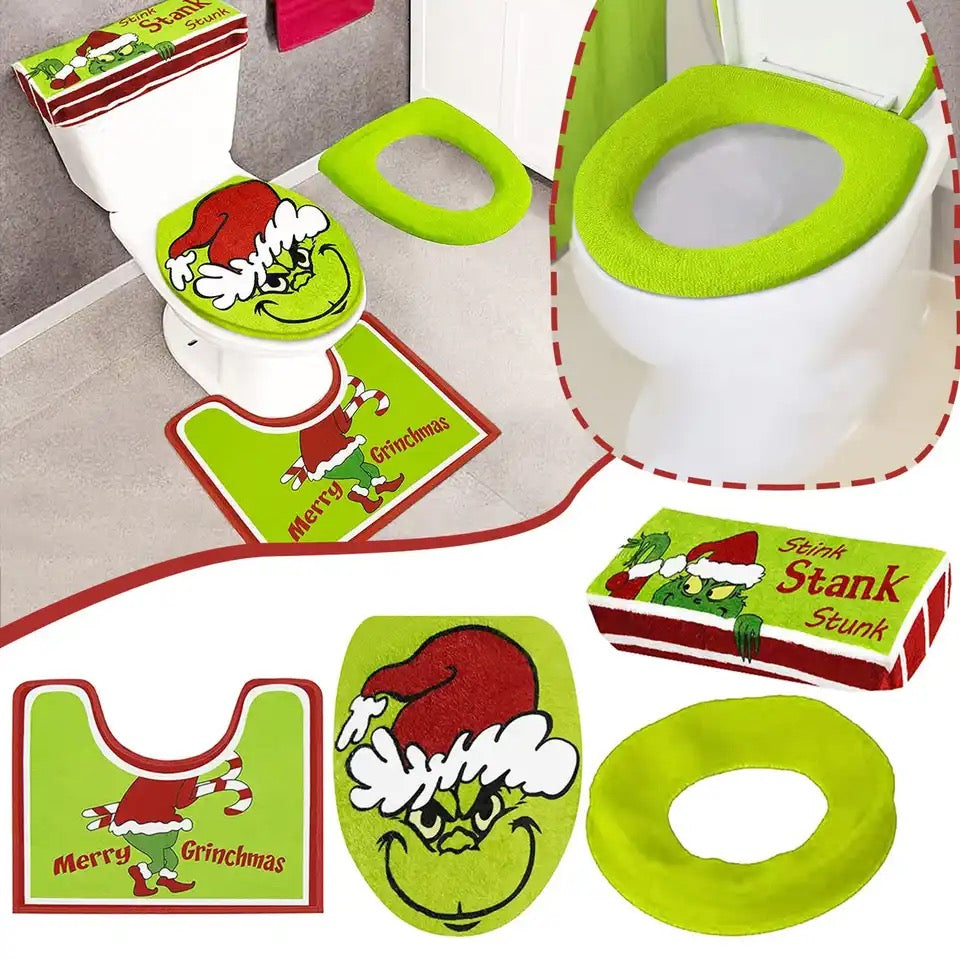 Grinchs Christmas Decoration Toilet Seat Cover and Rug Set