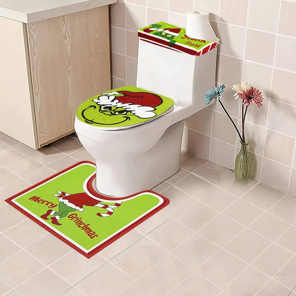 Grinchs Christmas Decoration Toilet Seat Cover and Rug Set